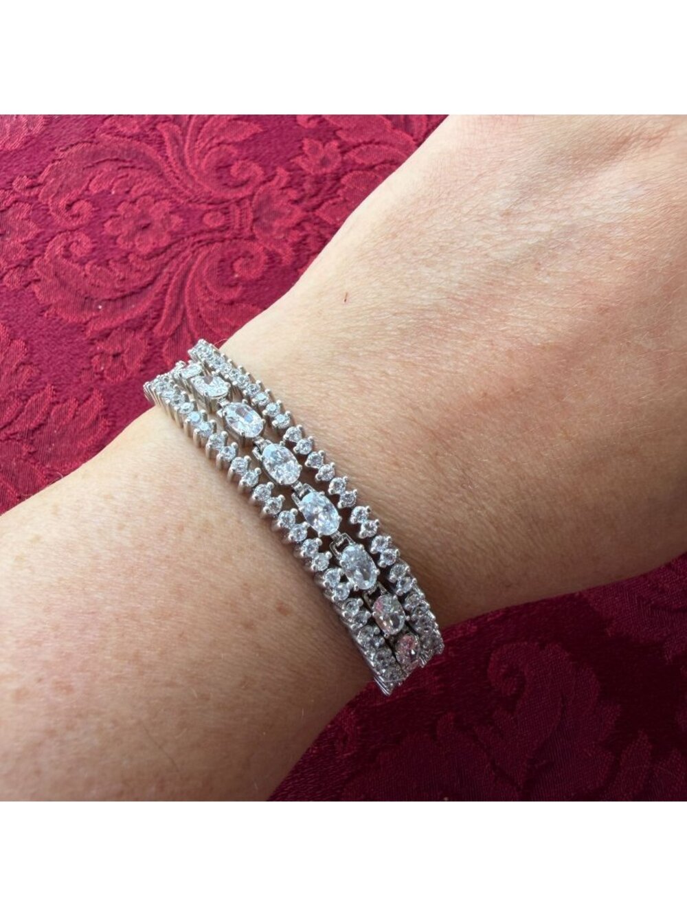 Vintage Sterling Silver 3 Row CZ Tennis Bracelet 925 Triple Strand Oval China 8"